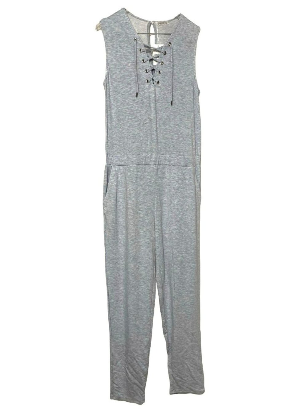Blue Orchid Jumpsuit Chambray Blue Lace-Up Front Sleeveless Stretch Sz L  NEW